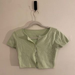 Cropped Short-Sleeve Button-Up Sweater